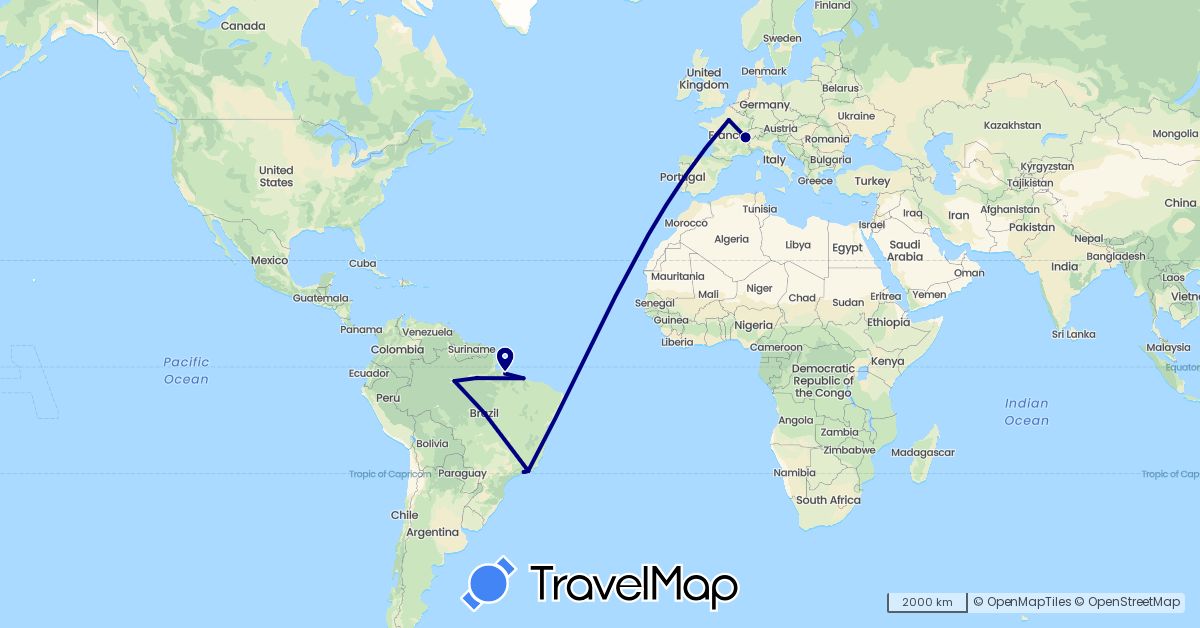 TravelMap itinerary: driving in Brazil, Switzerland, France (Europe, South America)